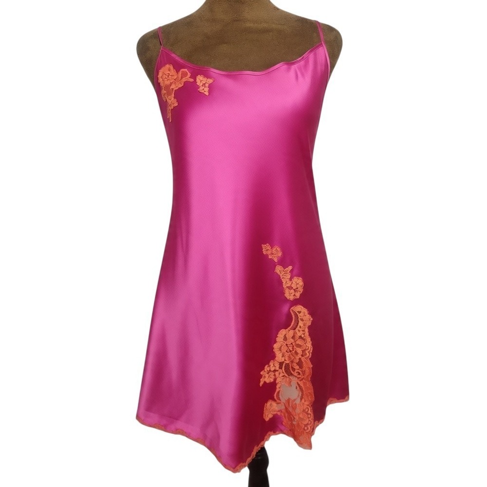 VTG Victoria's Secret Pink Satin Orange Lace Slip Dress Mini Chemise L Y2K
